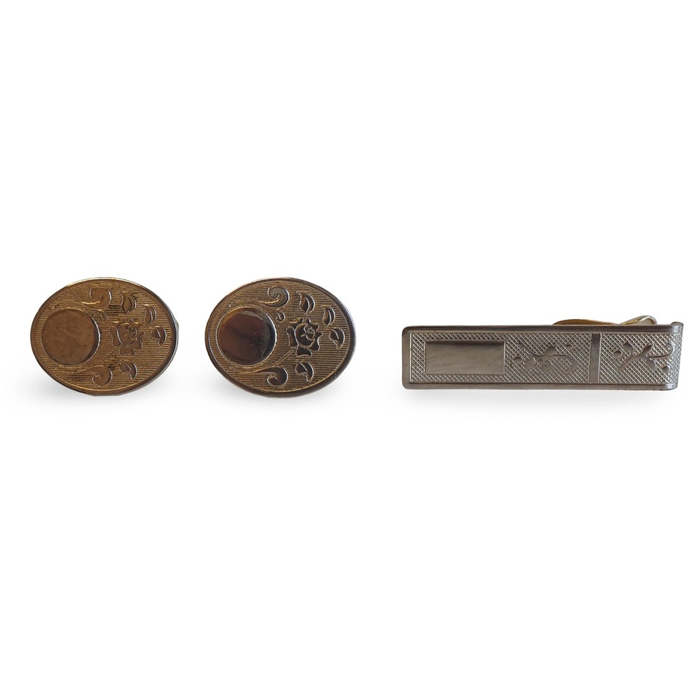 Vintage Swank Cufflinks Tie Clip Set Gold Tone Oval Rose Floral Engraved MCM